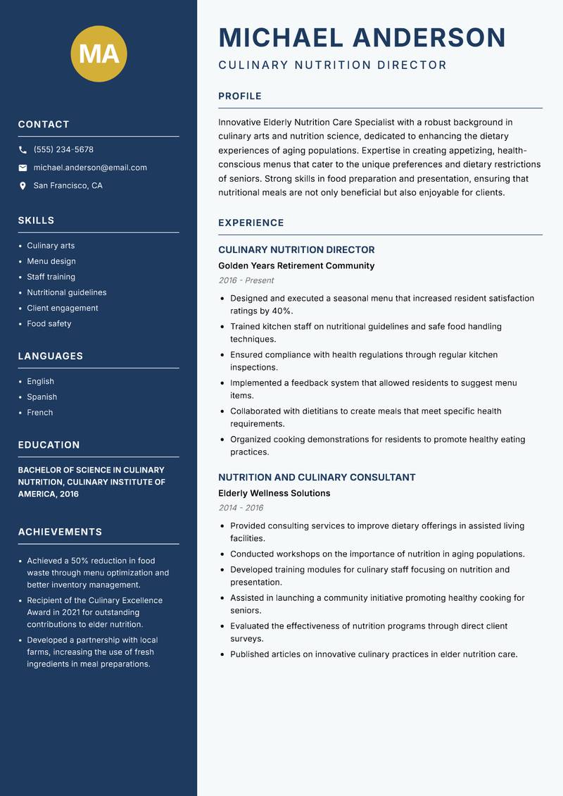 Elderly Nutrition Care Specialist resume sample — Culinary Nutrition Director focus