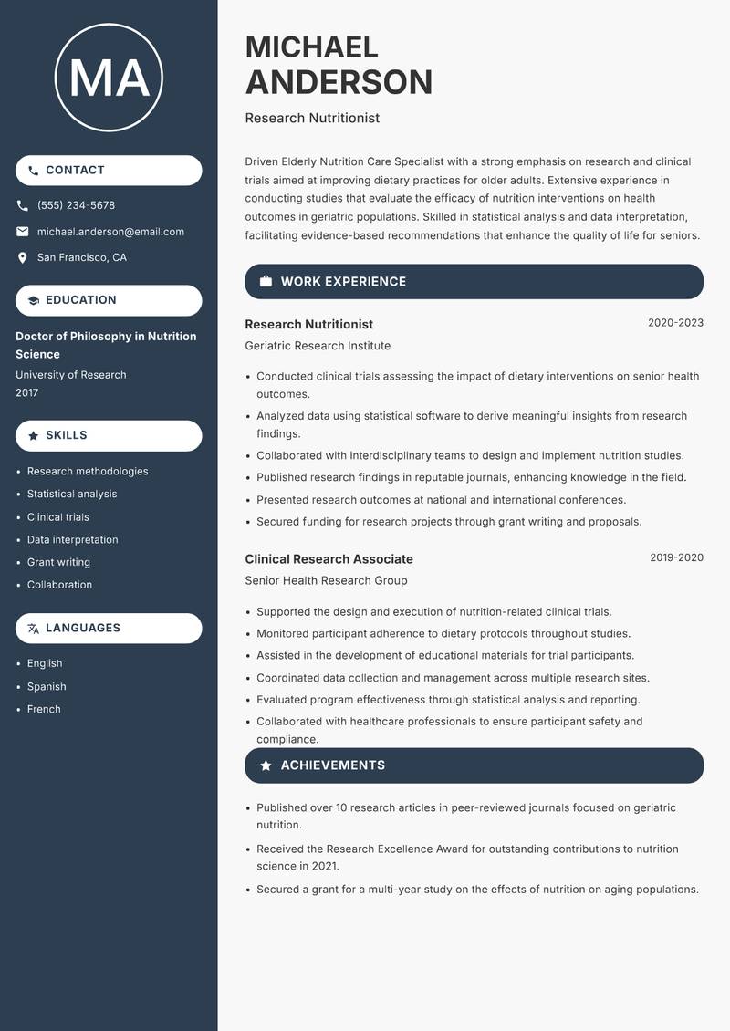 Elderly Nutrition Care Specialist resume sample — Research Nutritionist focus