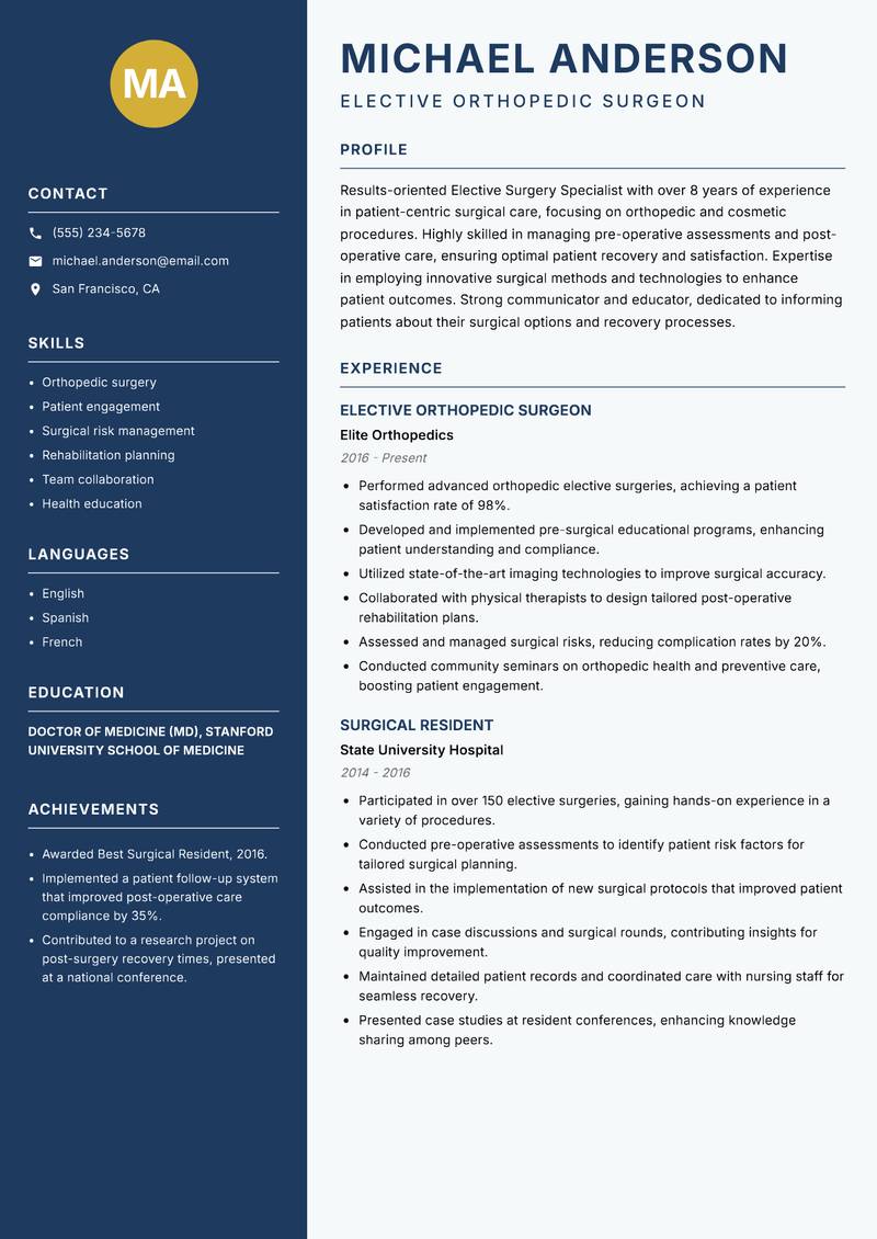 Elective Surgery Specialist resume sample — Elective Orthopedic Surgeon focus
