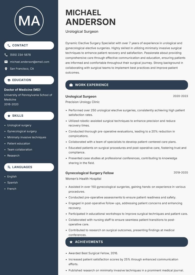Elective Surgery Specialist resume sample — Urological Surgeon focus