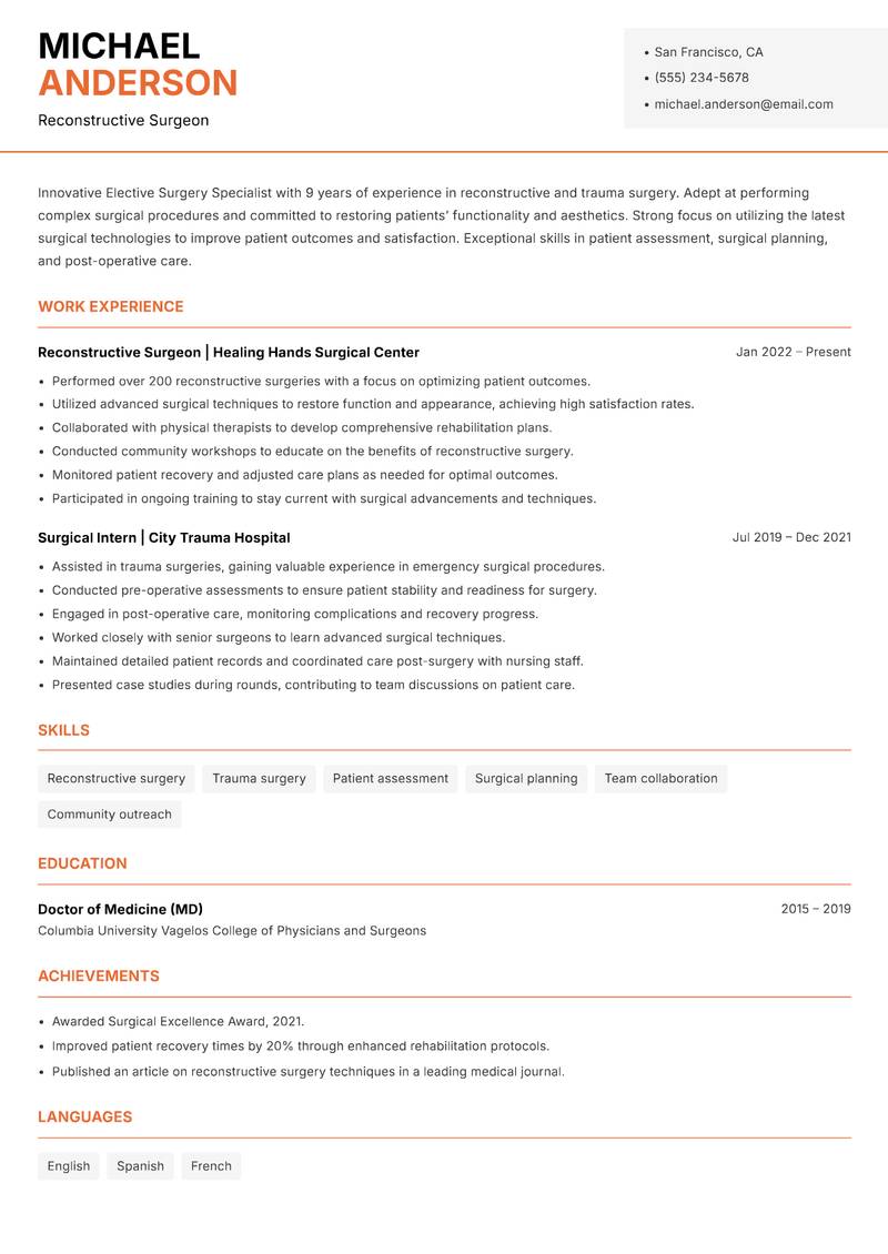 Elective Surgery Specialist resume sample — Reconstructive Surgeon focus