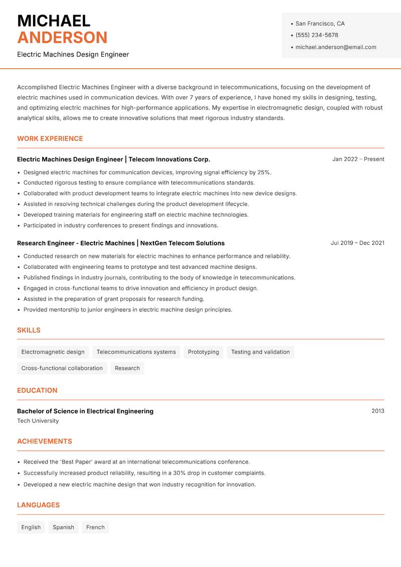 Electric Machines Engineer resume sample — Electric Machines Design Engineer focus