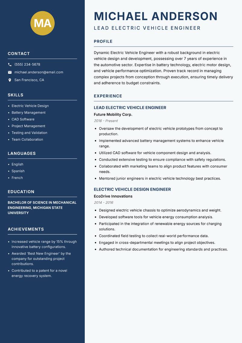 Electric Vehicle Engineer resume sample — Lead Electric Vehicle Engineer focus
