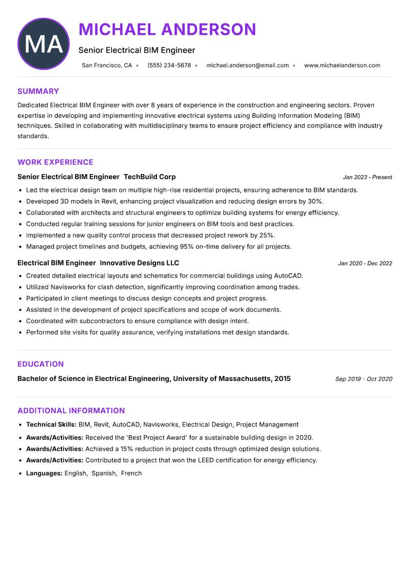 Electrical BIM Engineer resume example