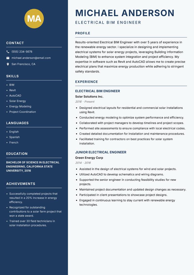 Electrical BIM Engineer resume sample — Electrical BIM Engineer focus