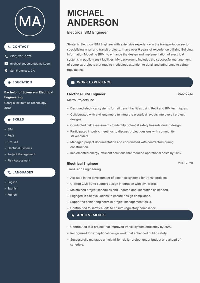 Electrical BIM Engineer resume sample — Electrical BIM Engineer focus