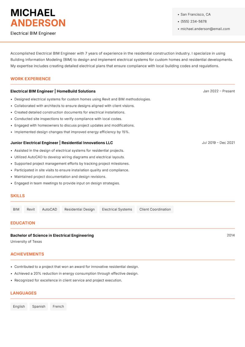 Electrical BIM Engineer resume sample — Electrical BIM Engineer focus