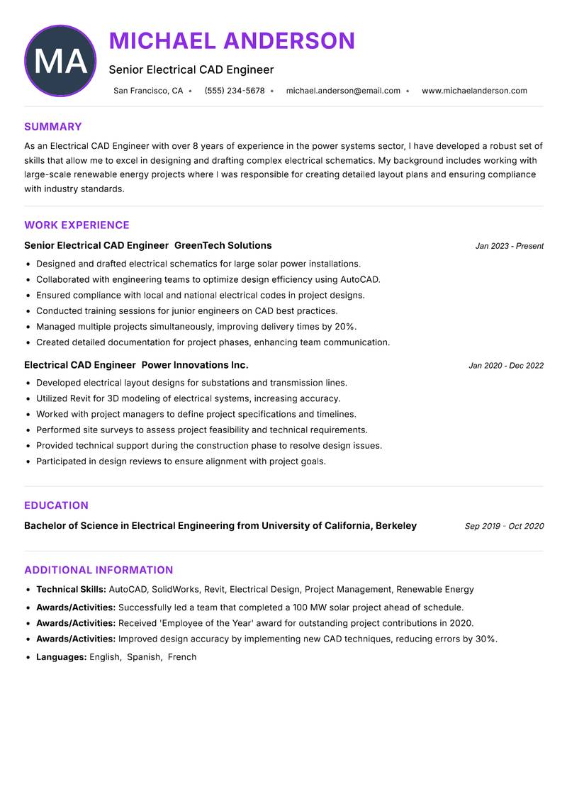 Electrical CAD Engineer resume example