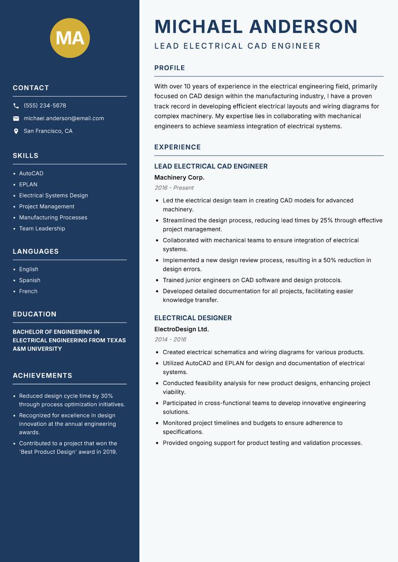 Electrical CAD Engineer resume sample — Lead Electrical CAD Engineer focus