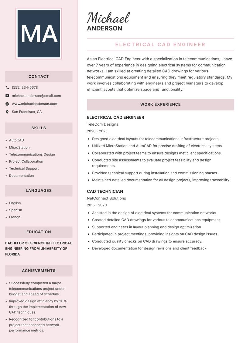 Electrical CAD Engineer resume sample — Electrical CAD Engineer focus