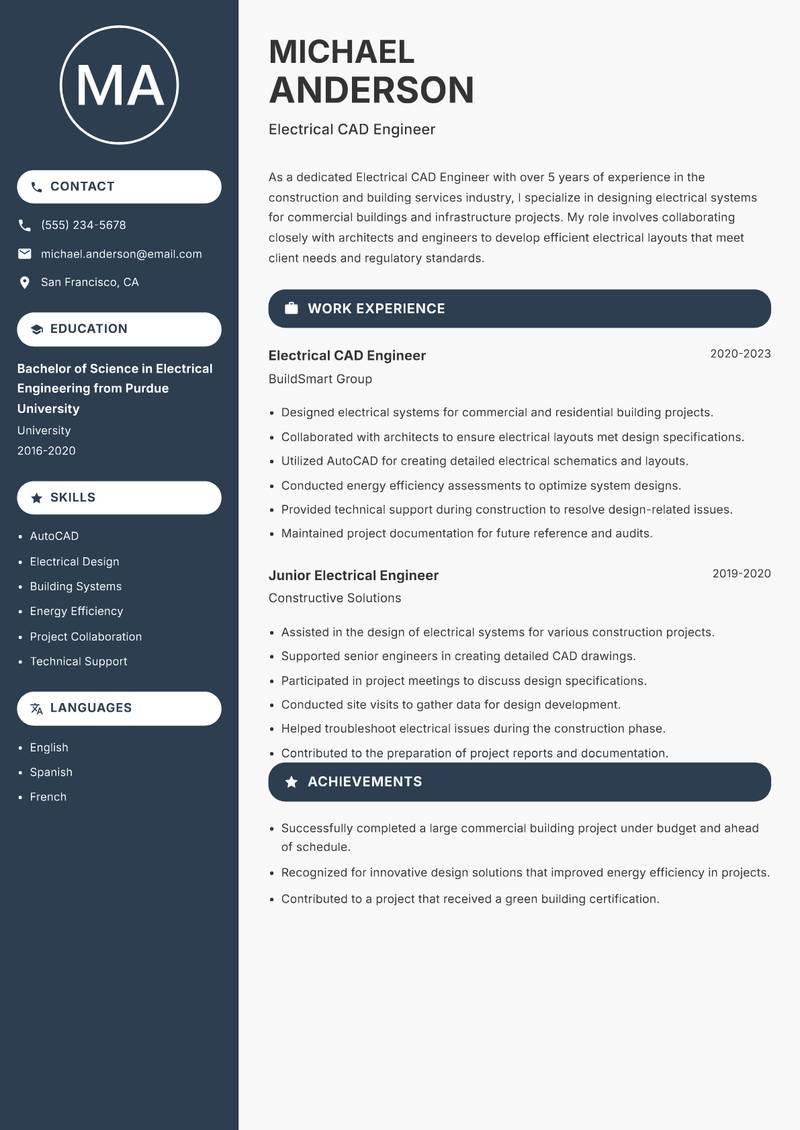 Electrical CAD Engineer resume sample — Electrical CAD Engineer focus