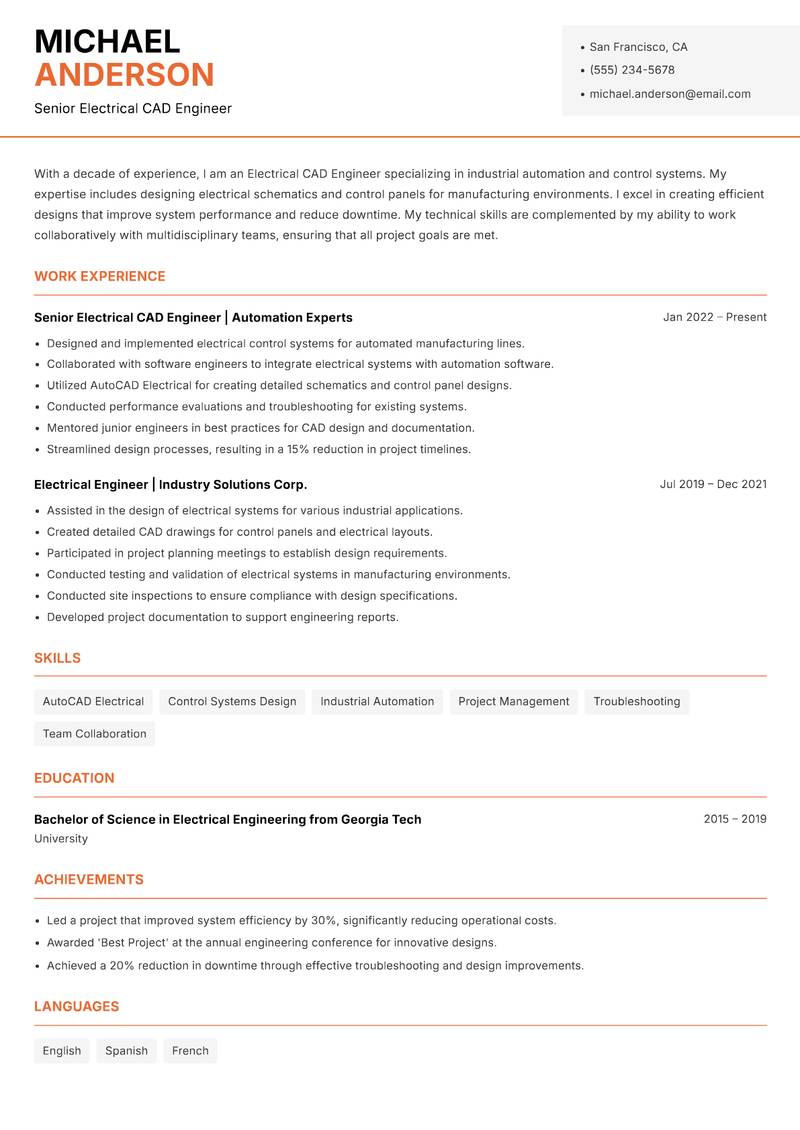 Electrical CAD Engineer resume sample — Senior Electrical CAD Engineer focus