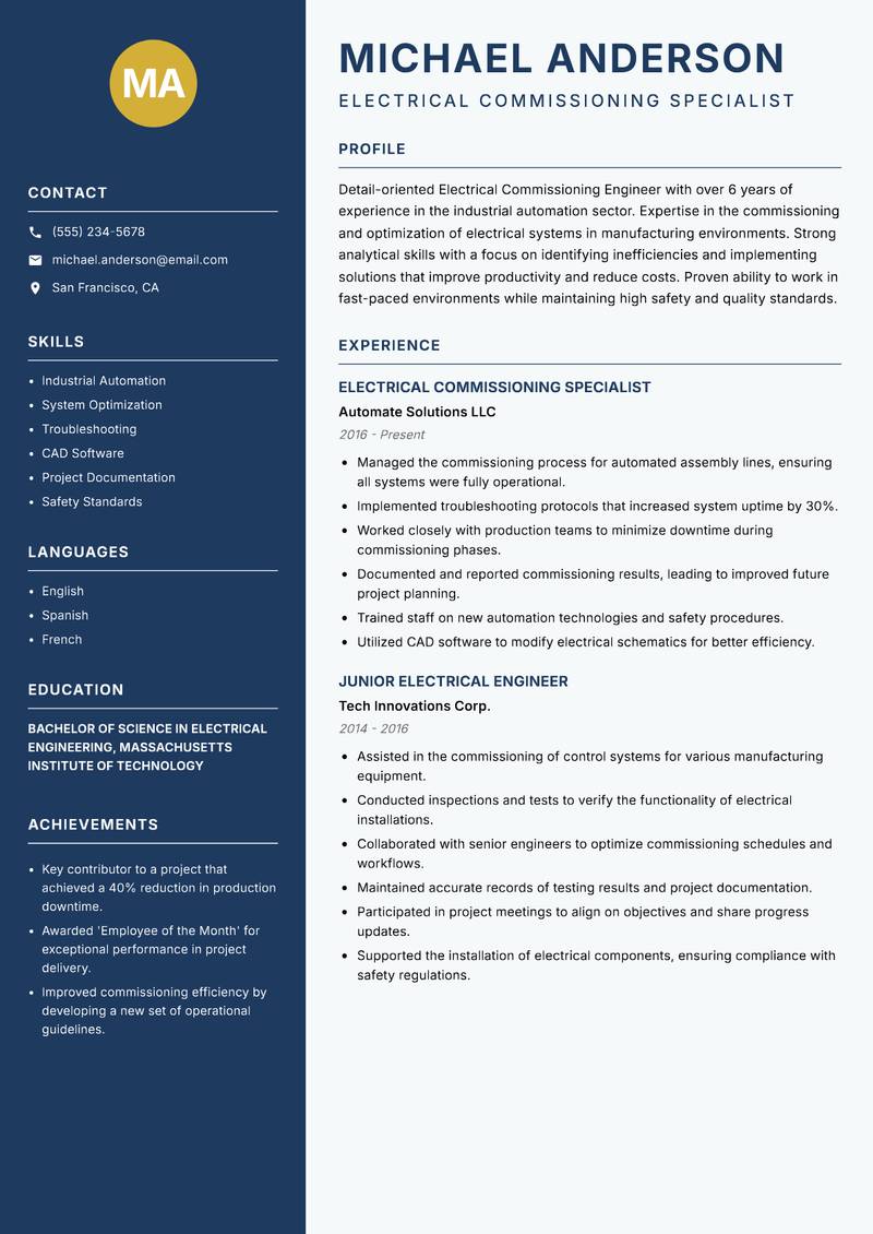 Electrical Commissioning Engineer resume sample — Electrical Commissioning Specialist focus