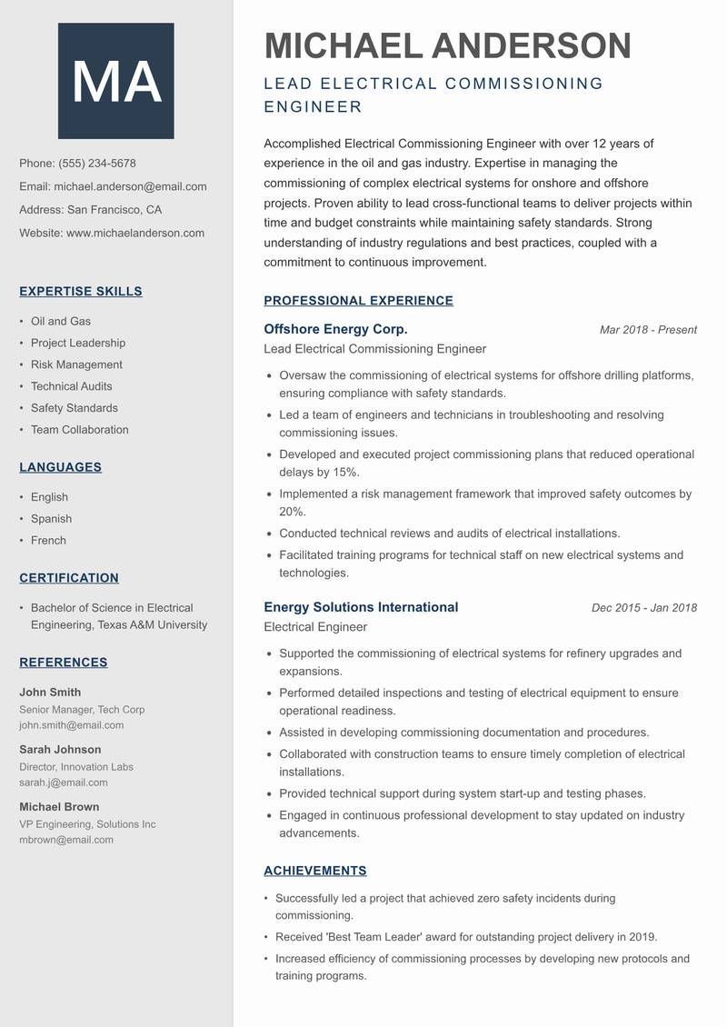 Electrical Commissioning Engineer resume sample — Lead Electrical Commissioning Engineer focus