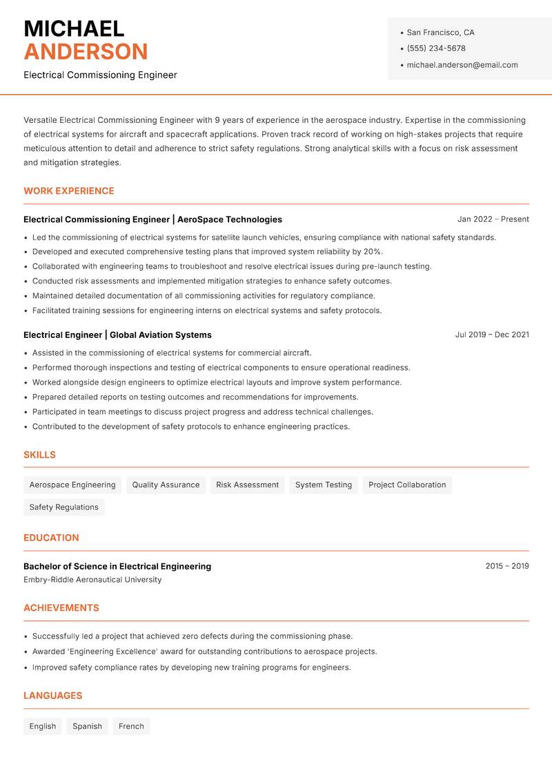 Electrical Commissioning Engineer resume sample — Electrical Commissioning Engineer focus
