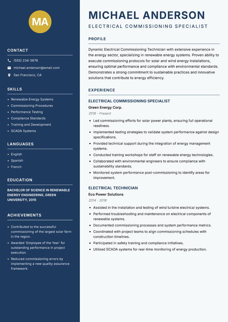 Electrical Commissioning Technician resume sample — Electrical Commissioning Specialist focus