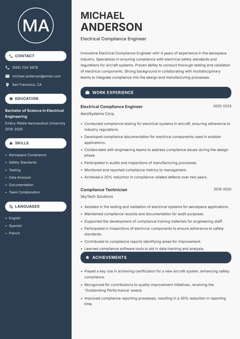 Electrical Compliance Engineer resume sample — Electrical Compliance Engineer focus