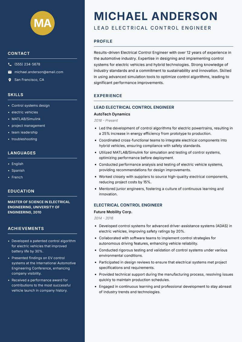 Electrical Control Engineer resume sample — Lead Electrical Control Engineer focus