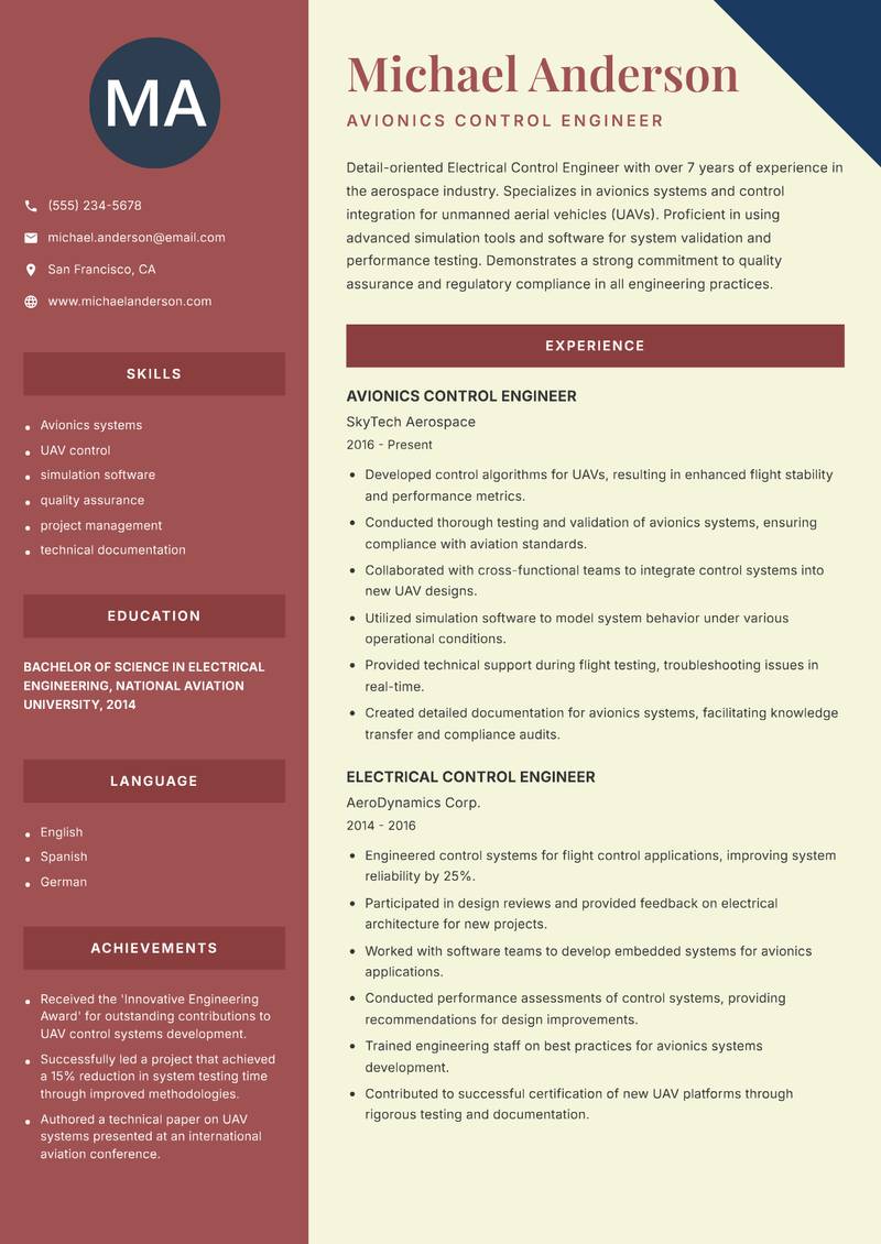 Electrical Control Engineer resume sample — Avionics Control Engineer focus
