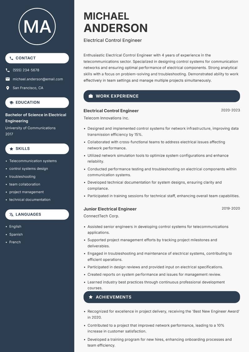 Electrical Control Engineer resume sample — Electrical Control Engineer focus
