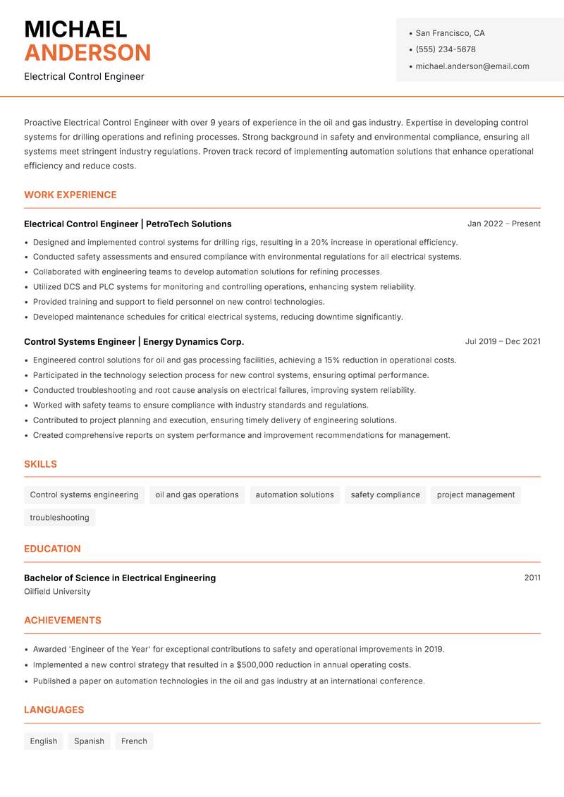 Electrical Control Engineer resume sample — Electrical Control Engineer focus
