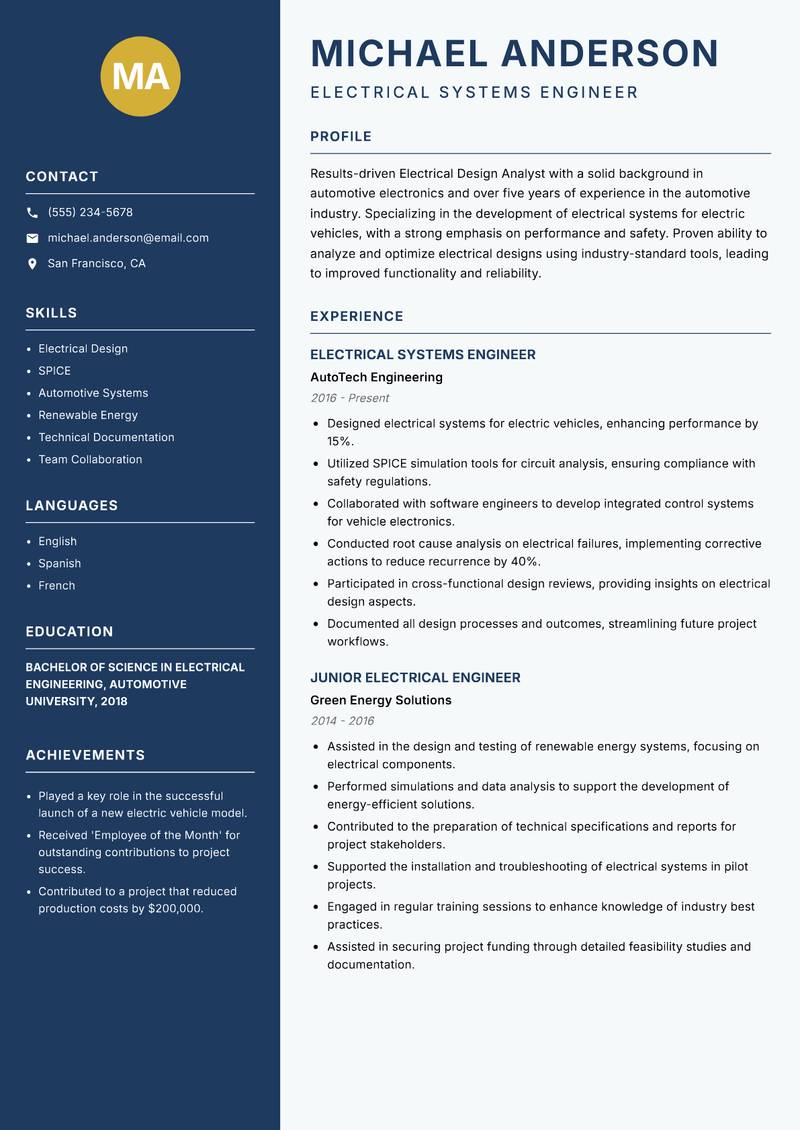 Electrical Design Analyst resume sample — Electrical Systems Engineer focus