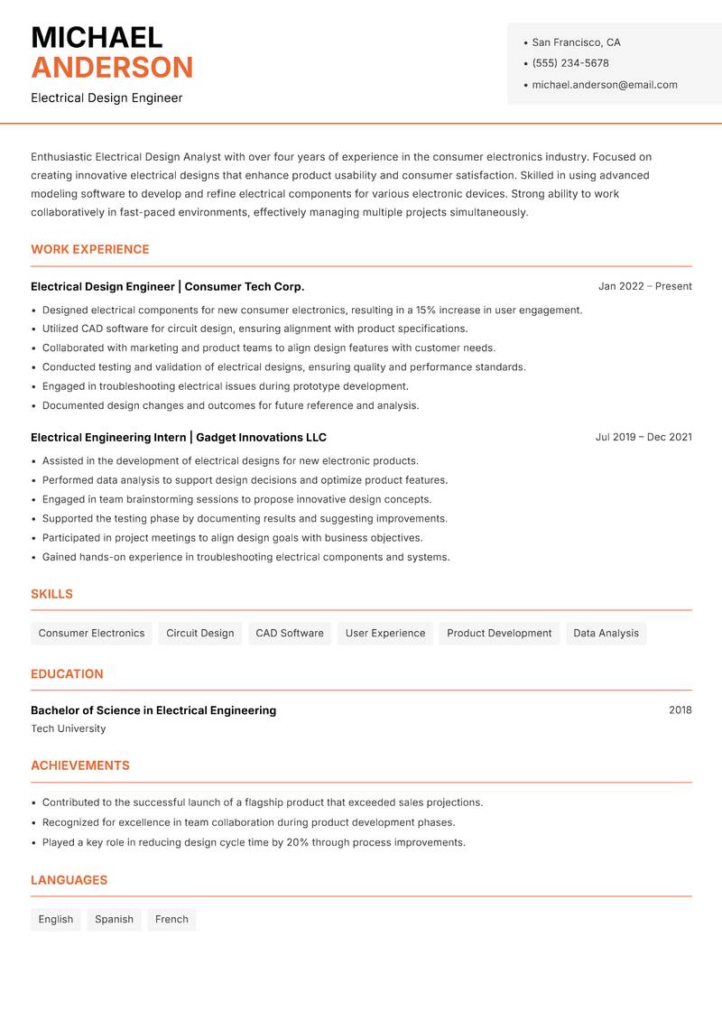 Electrical Design Analyst resume sample — Electrical Design Engineer focus