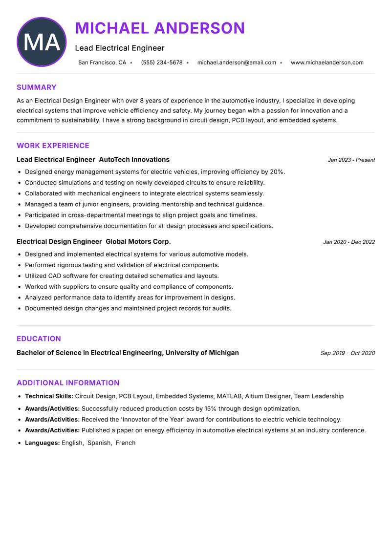 Electrical Design Engineer resume example