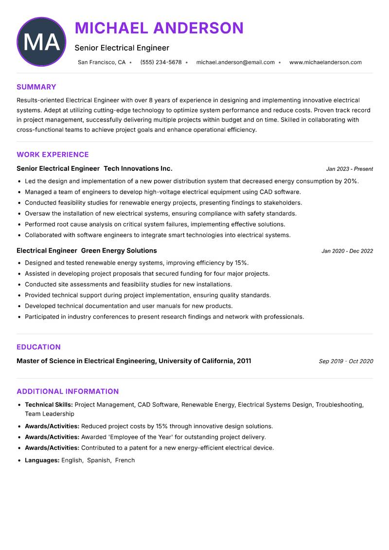 Electrical Engineer resume example