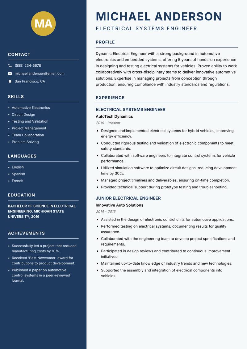 Electrical Engineer resume sample — Electrical Systems Engineer focus