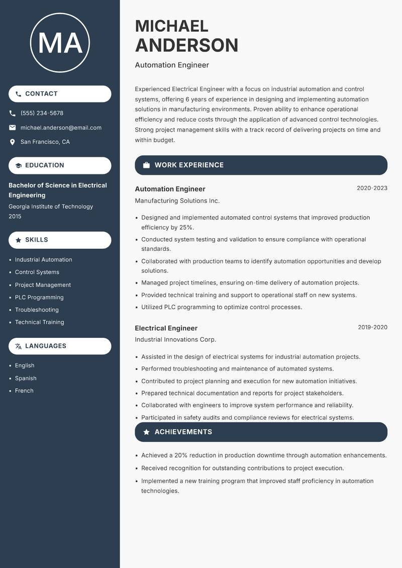Electrical Engineer resume sample — Automation Engineer focus