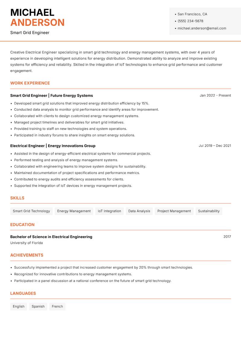 Electrical Engineer resume sample — Smart Grid Engineer focus
