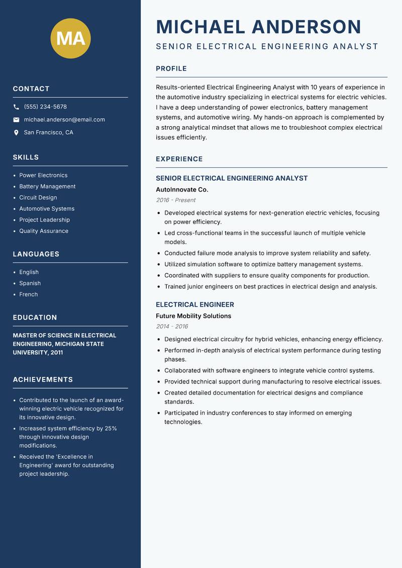Electrical Engineering Analyst resume sample — Senior Electrical Engineering Analyst focus
