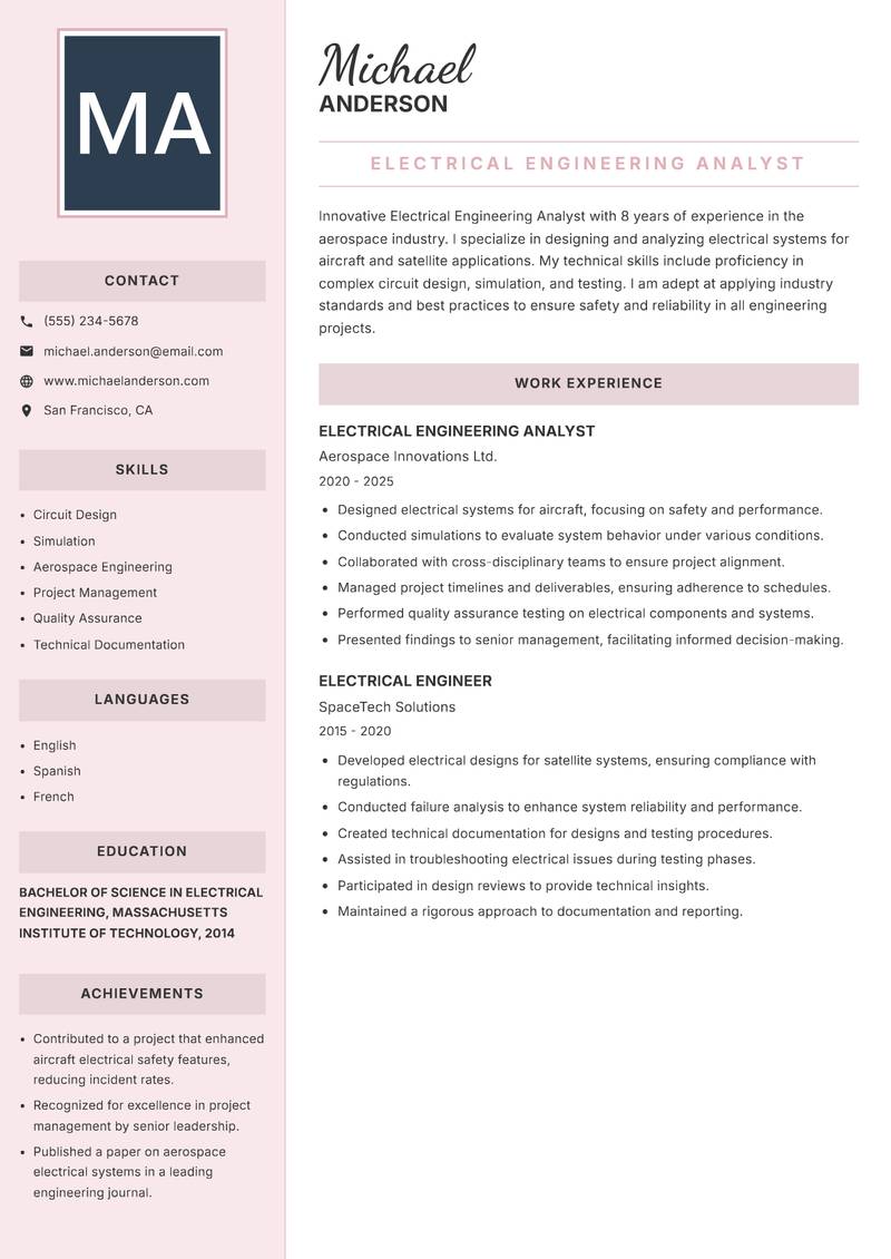 Electrical Engineering Analyst resume sample — Electrical Engineering Analyst focus