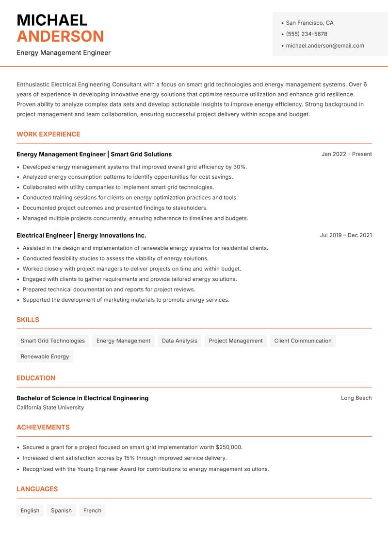 Electrical Engineering Consultant resume sample — Energy Management Engineer focus