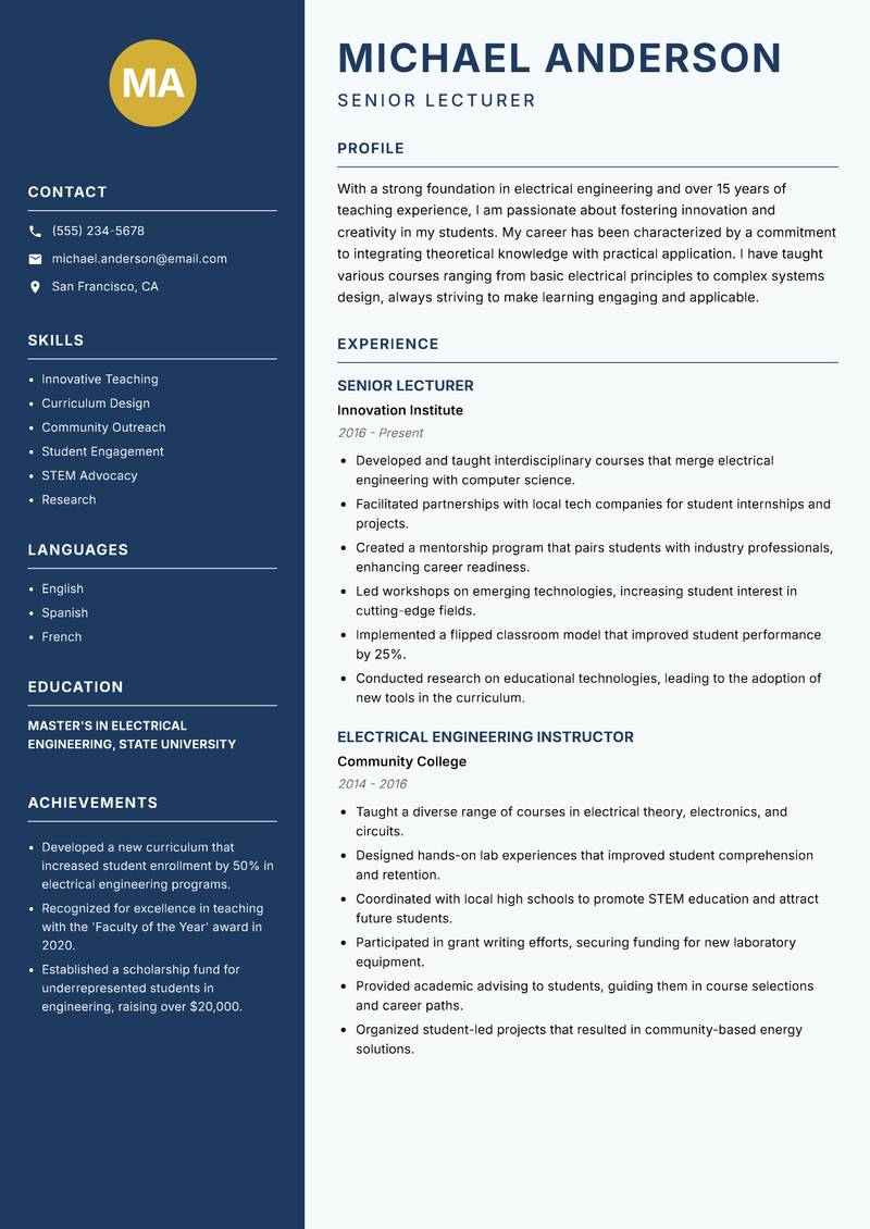 Electrical Engineering Educator resume sample — Senior Lecturer focus