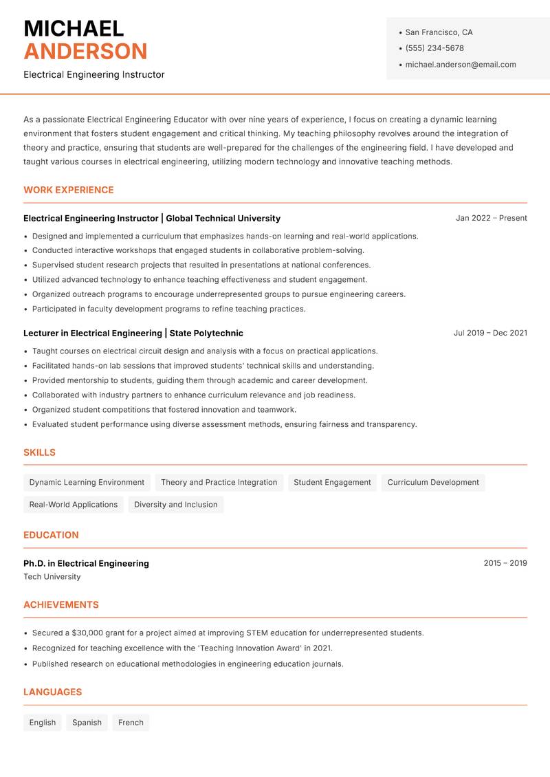 Electrical Engineering Educator resume sample — Electrical Engineering Instructor focus