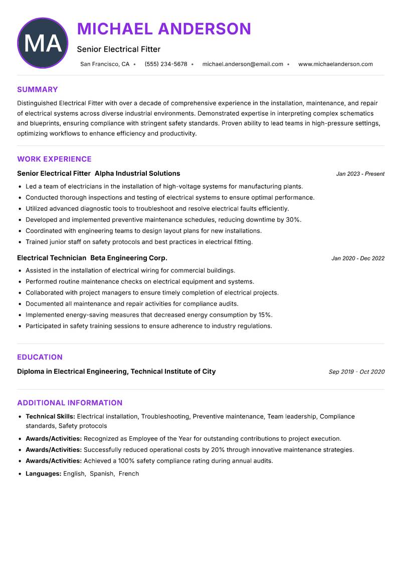 Electrical Fitter resume example