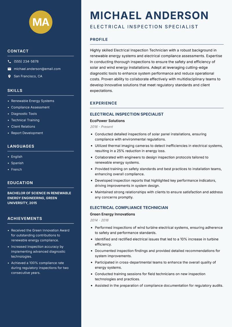 Electrical Inspection Technician resume sample — Electrical Inspection Specialist focus