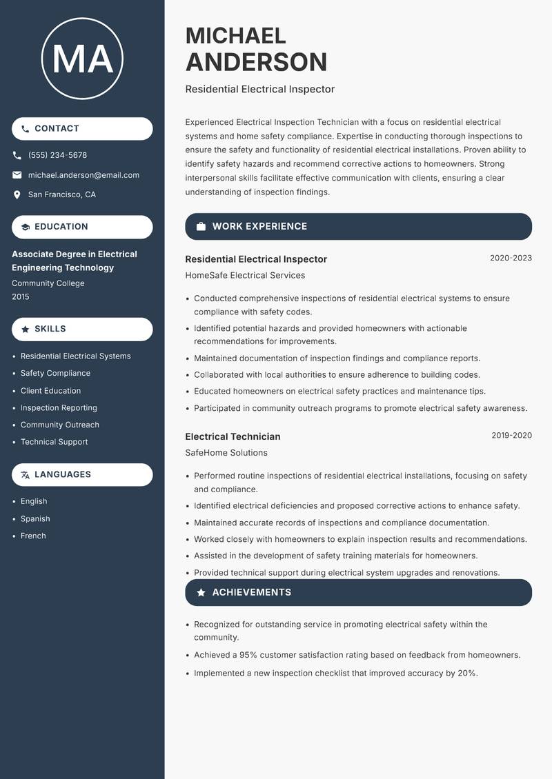 Electrical Inspection Technician resume sample — Residential Electrical Inspector focus
