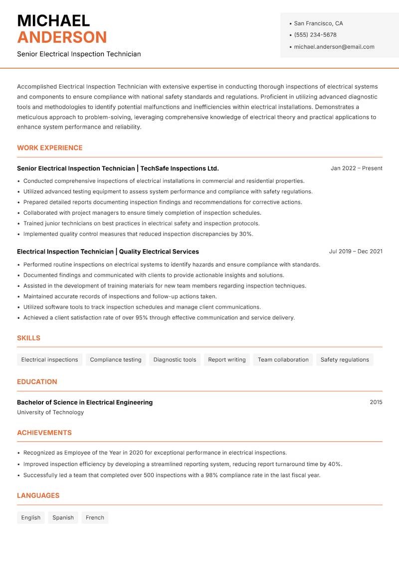Electrical Inspection Technician resume sample — Senior Electrical Inspection Technician focus