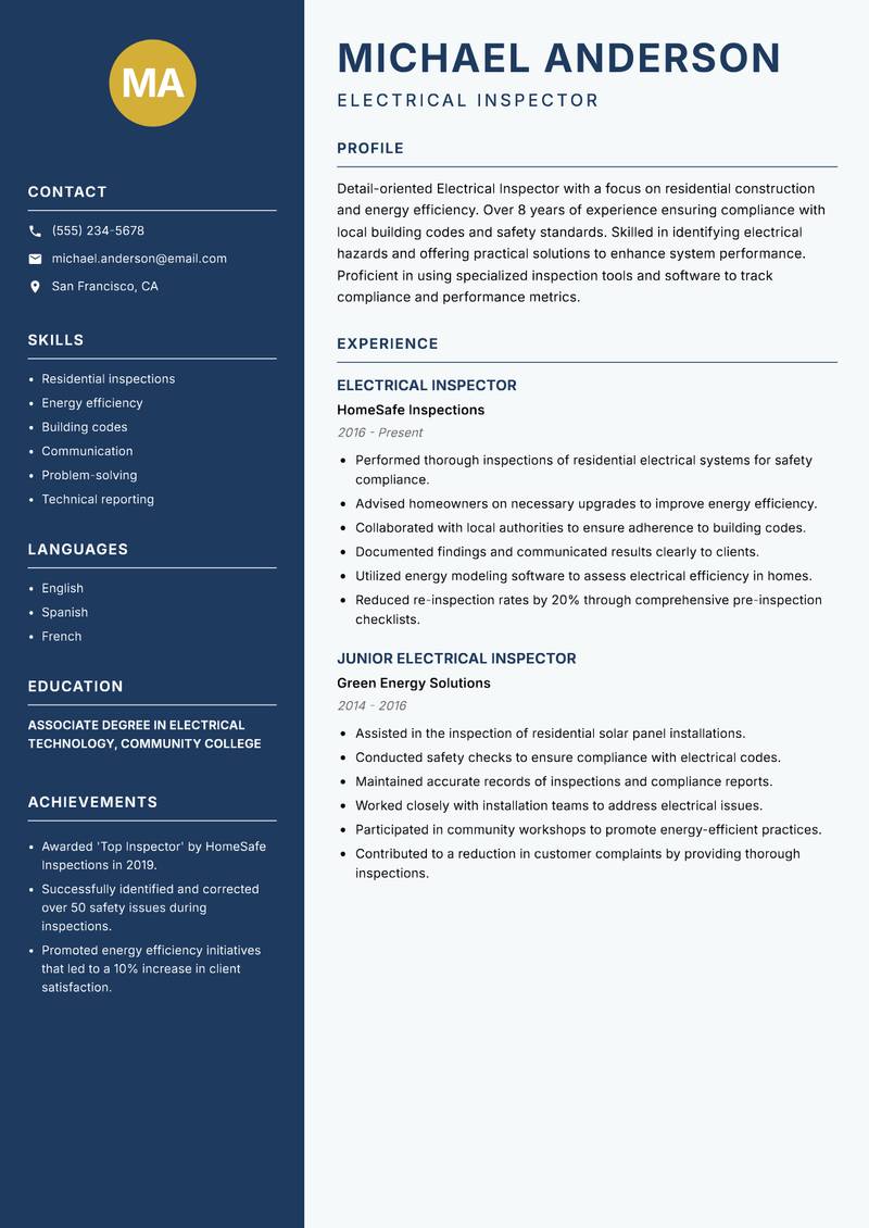 Electrical Inspector resume sample — Electrical Inspector focus