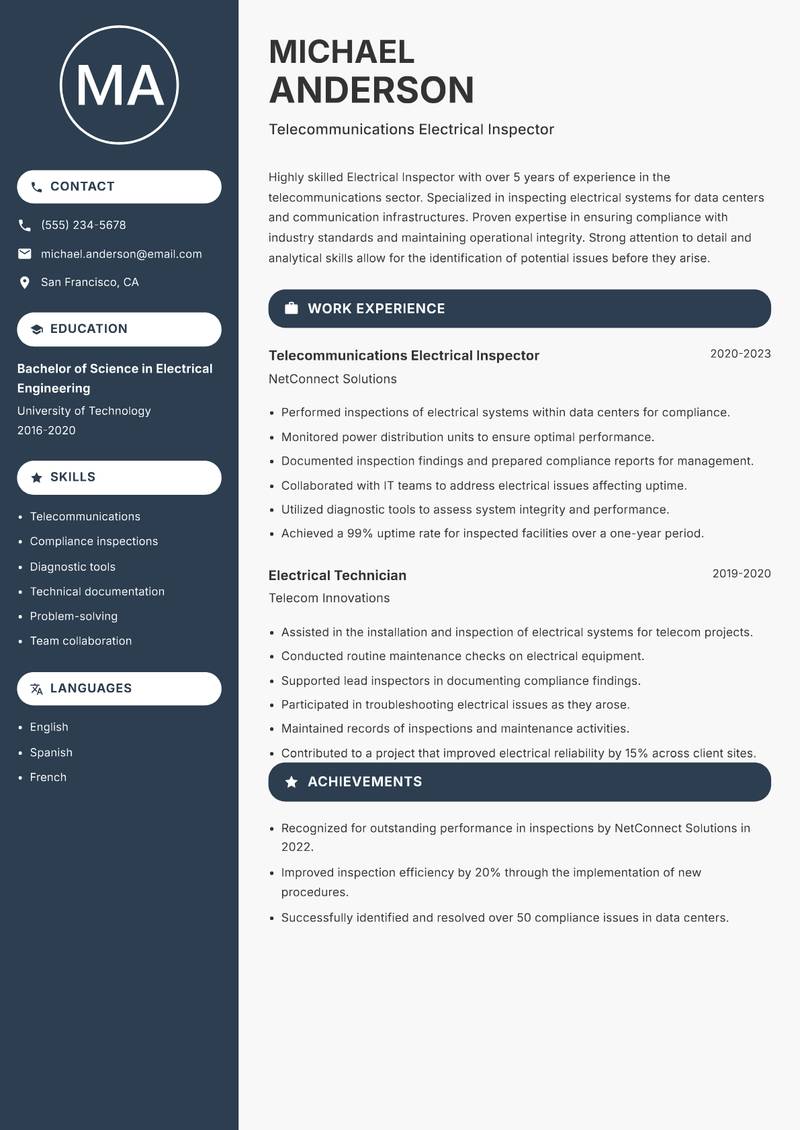 Electrical Inspector resume sample — Telecommunications Electrical Inspector focus