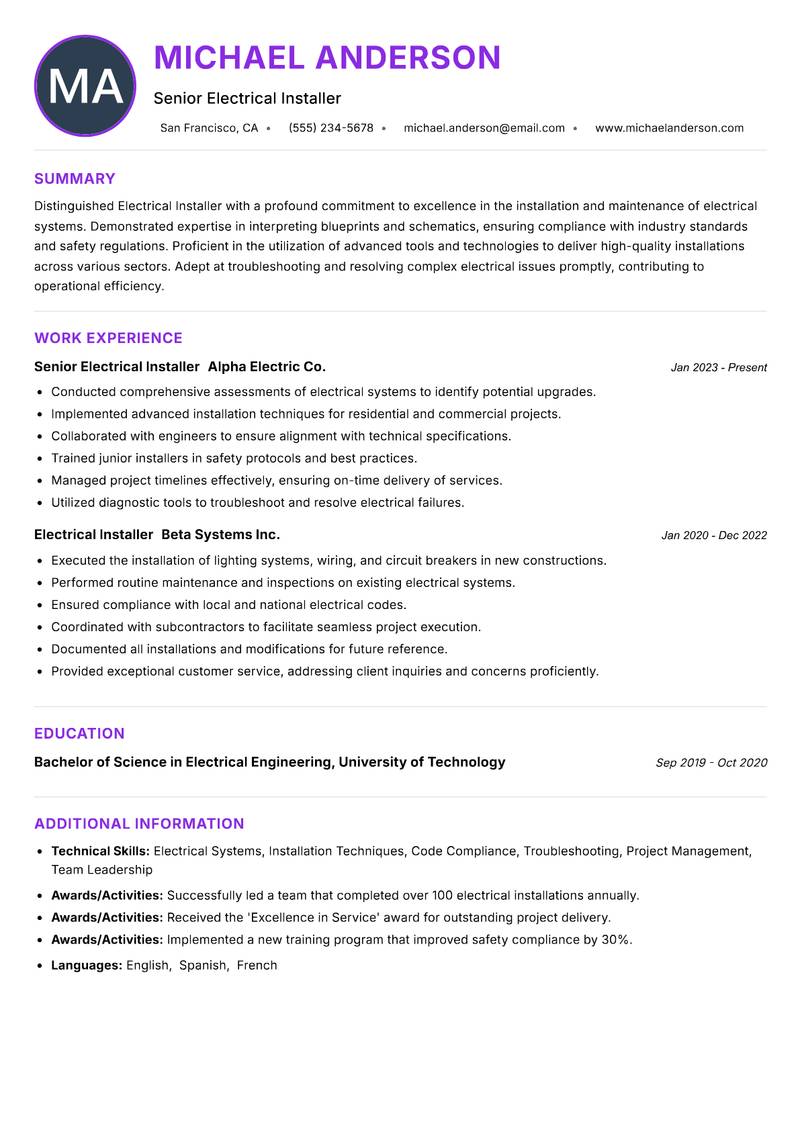 Electrical Installer resume example