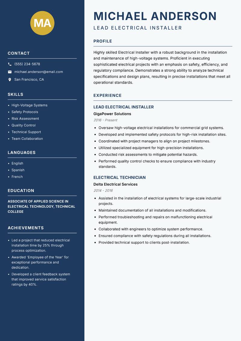 Electrical Installer resume sample — Lead Electrical Installer focus