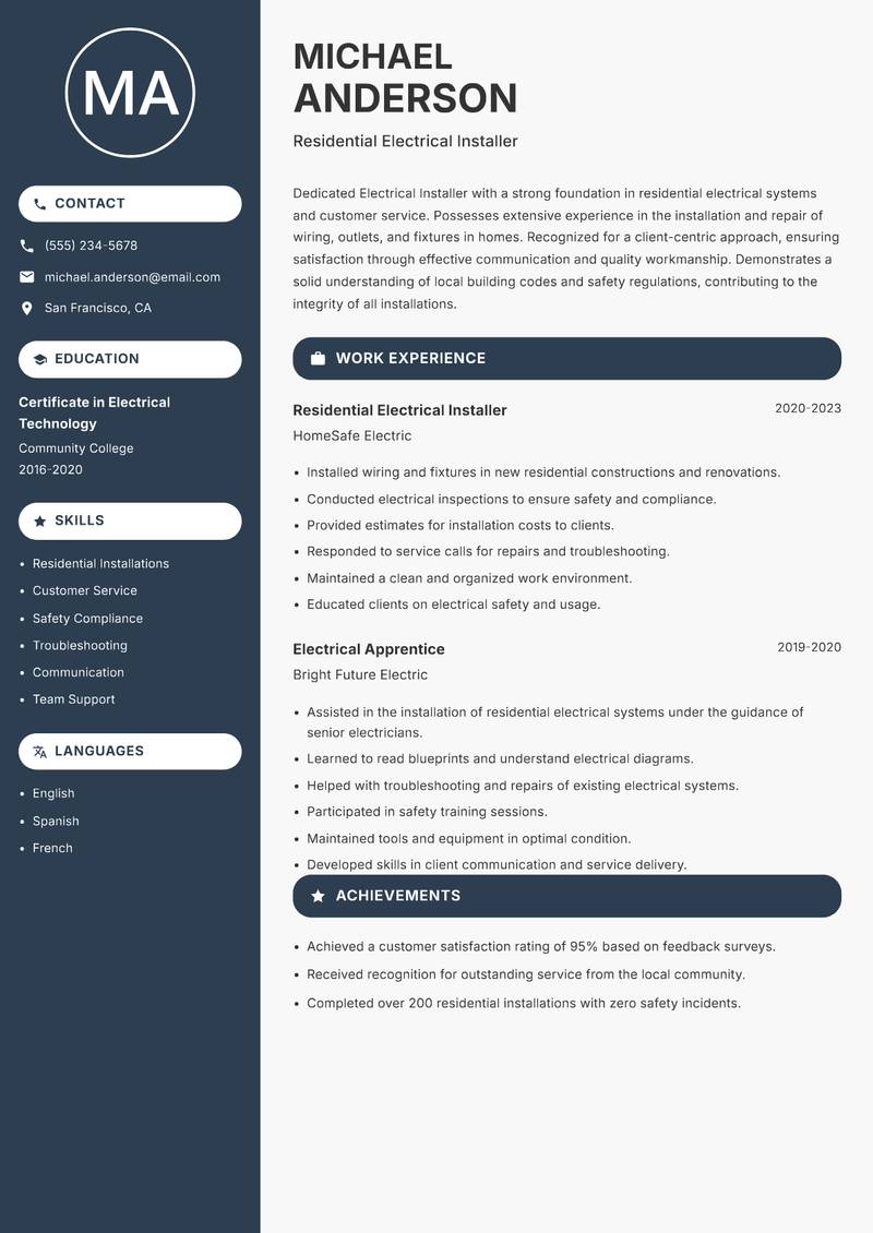 Electrical Installer resume sample — Residential Electrical Installer focus