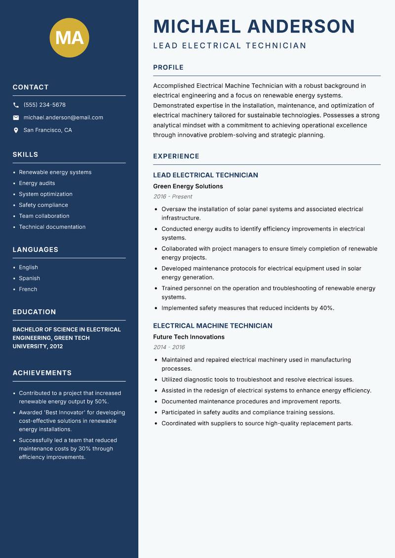 Electrical Machine Technician resume sample — Lead Electrical Technician focus