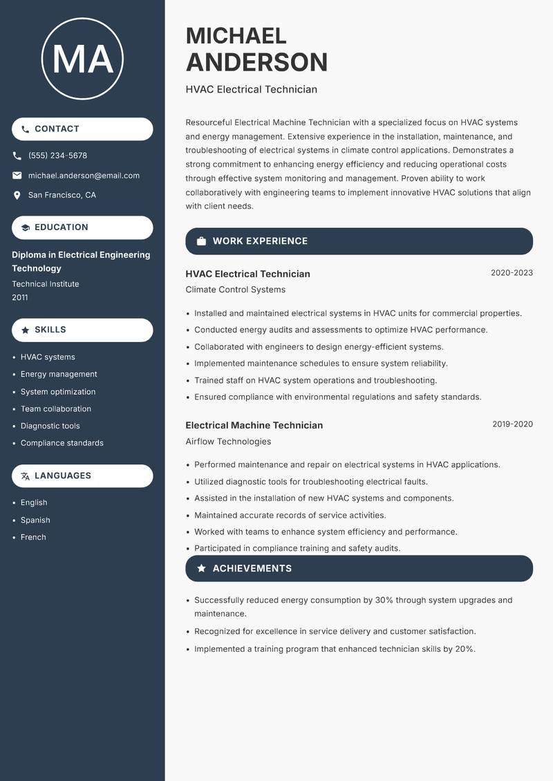 Electrical Machine Technician resume sample — HVAC Electrical Technician focus