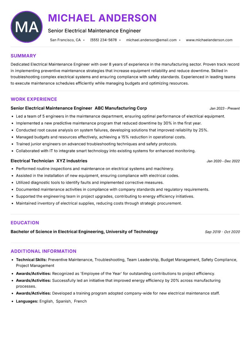 Electrical Maintenance Engineer resume example