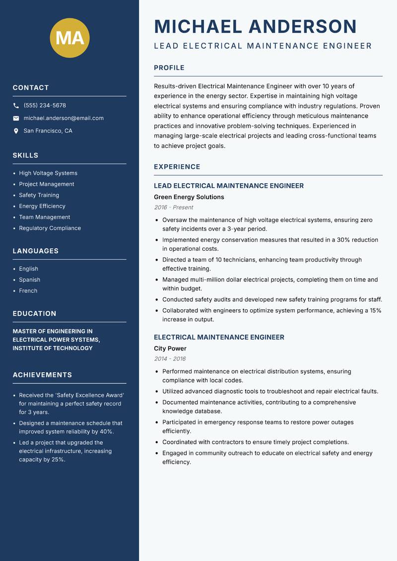 Electrical Maintenance Engineer resume sample — Lead Electrical Maintenance Engineer focus